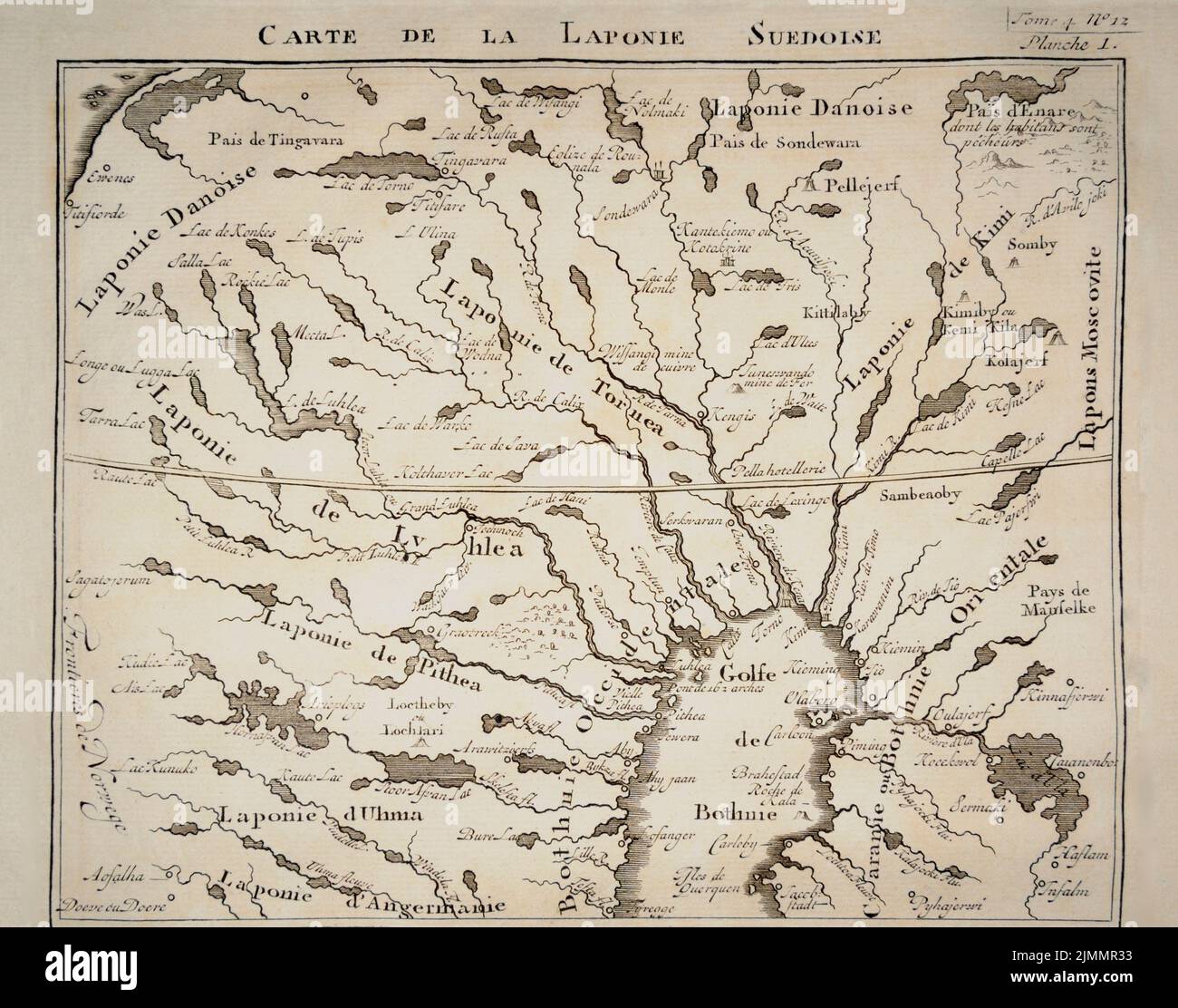 Une carte de la Laponie, d'un cercle polaire et du golfe de Bothnia, de la Suède et de la Finlande. Une image originale de la plaque de cuivre de 1714 par Henri Chatelain. Laponie, UE Banque D'Images