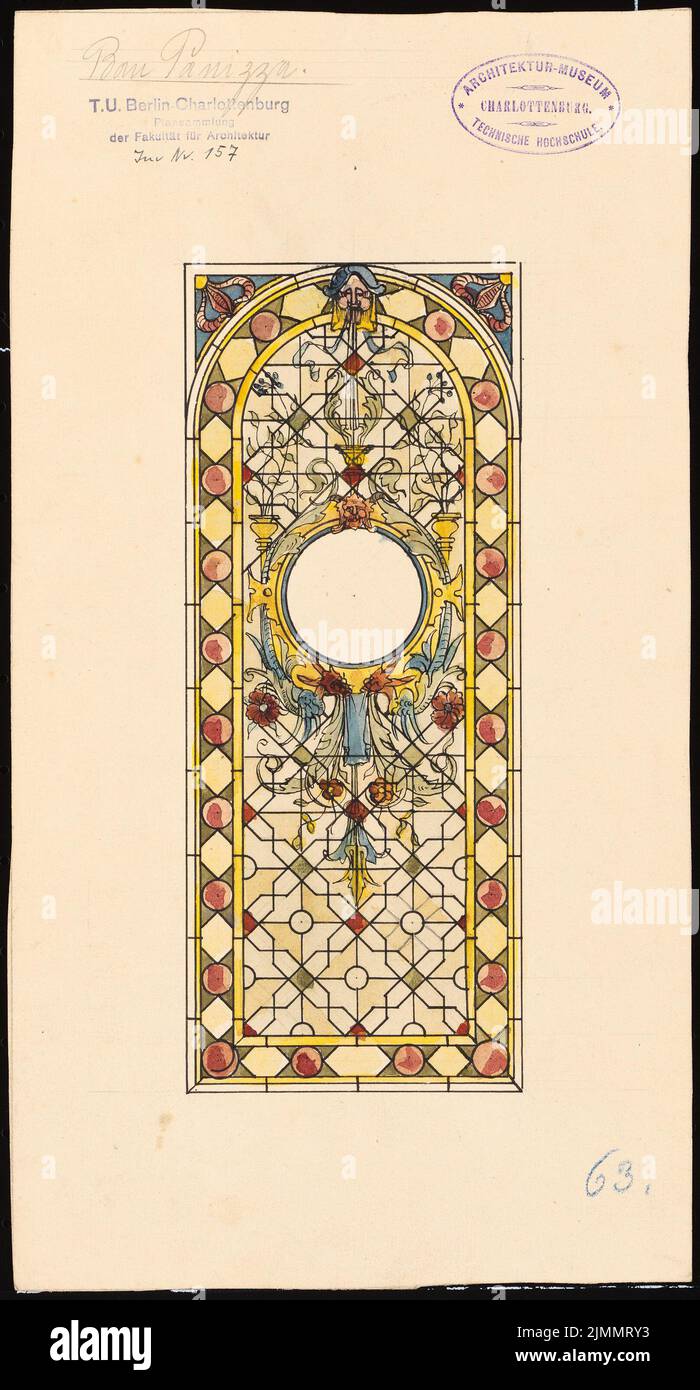 Baum Philipp (1849-1886), immeuble résidentiel de Panizza, Mayence (1884): Modèle pour fenêtres en verre. Encre, aquarelle crayon sur la boîte, 34,6 x 18,6 cm (y compris les bords de numérisation) Banque D'Images