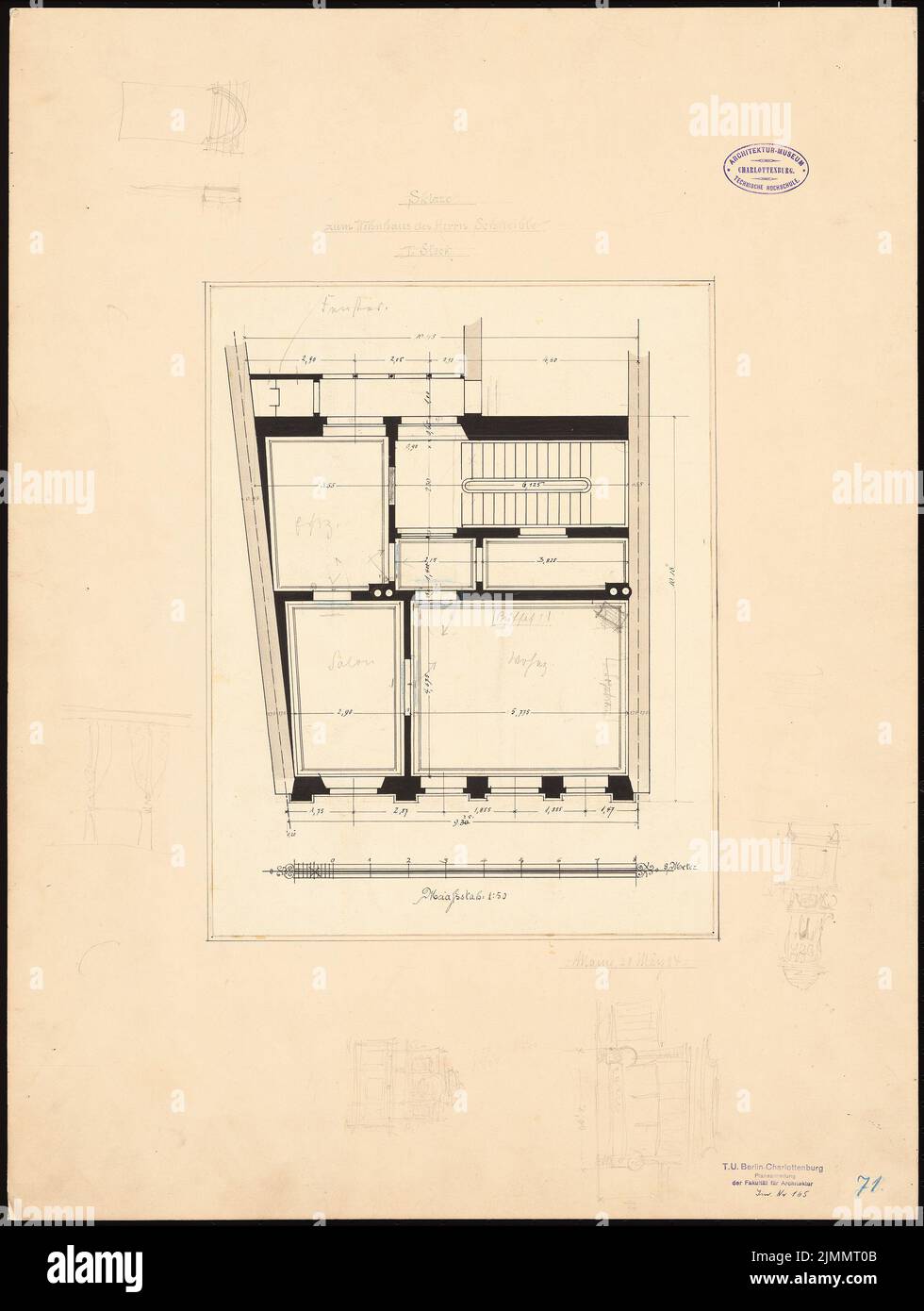 Baum Philipp (1849-1886), immeuble résidentiel Schneible, Mayence (28.03.1884): Plan d'étage 1st étage 1:50. Crayon et aquarelle d'encre sur la boîte, 64,7 x 48,8 cm (y compris les bords de numérisation) Banque D'Images