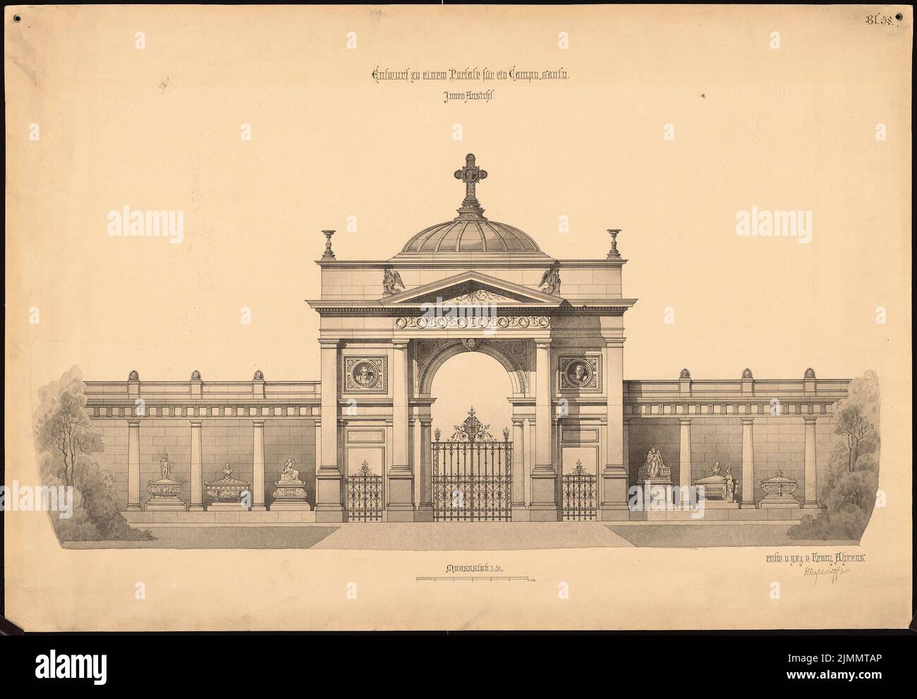 Ahrens Franz, Portail pour un Campo Santo (01.08.1881): Vue intérieure 1:50. Tuche aquarelle sur la boîte, 67,9 x 97,9 cm (y compris les bords de numérisation) Banque D'Images