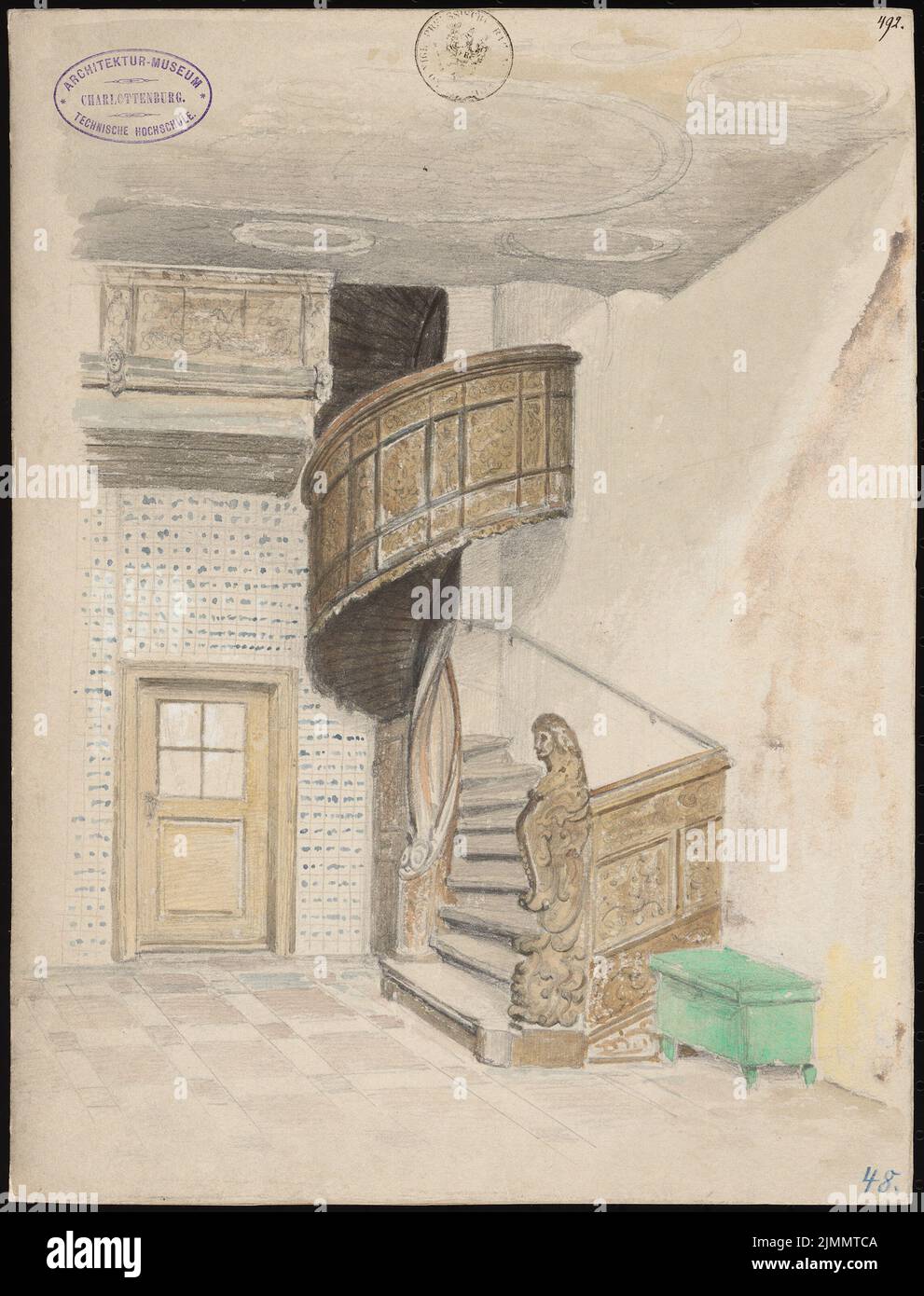 Beckmann Carl (1799-1859), salle avec escalier en colimaçon, Gdansk (sans dat.): Vue intérieure perspective. Aquarelle crayon sur la boîte, 34,3 x 26,2 cm (y compris les bords de numérisation) Banque D'Images