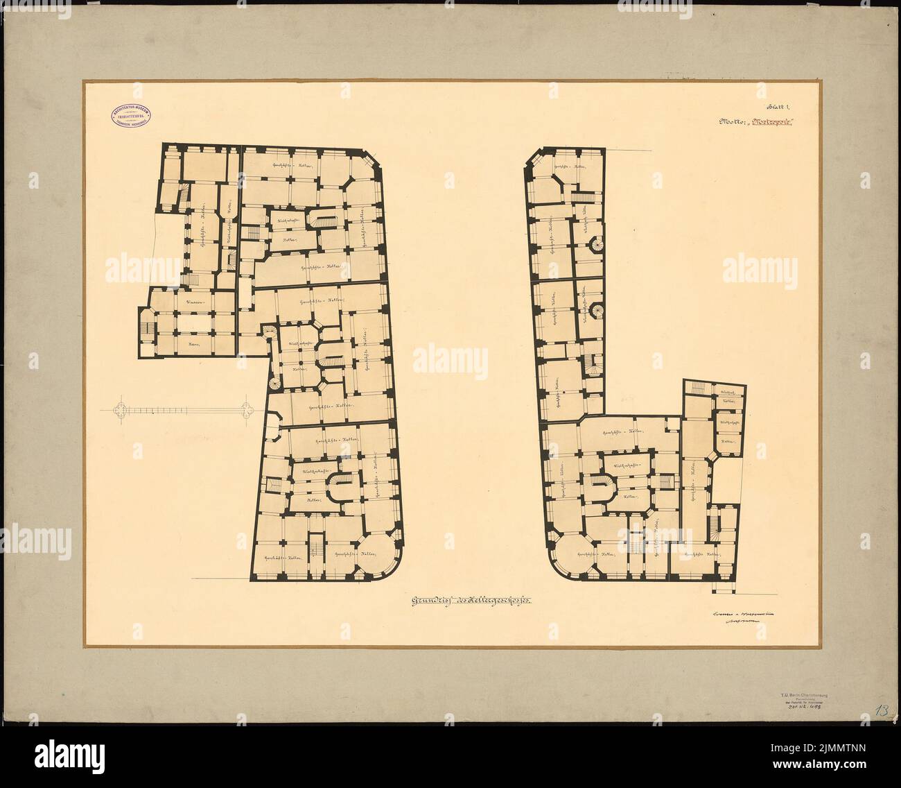 Cremer & Wolffenstein, développement de la Kaiser-Wilhelm-Straße à Berlin (sans date): Grundriss Keller. Tuche aquarelle sur papier, 83,4 x 103,6 cm (y compris les bords de numérisation) Banque D'Images