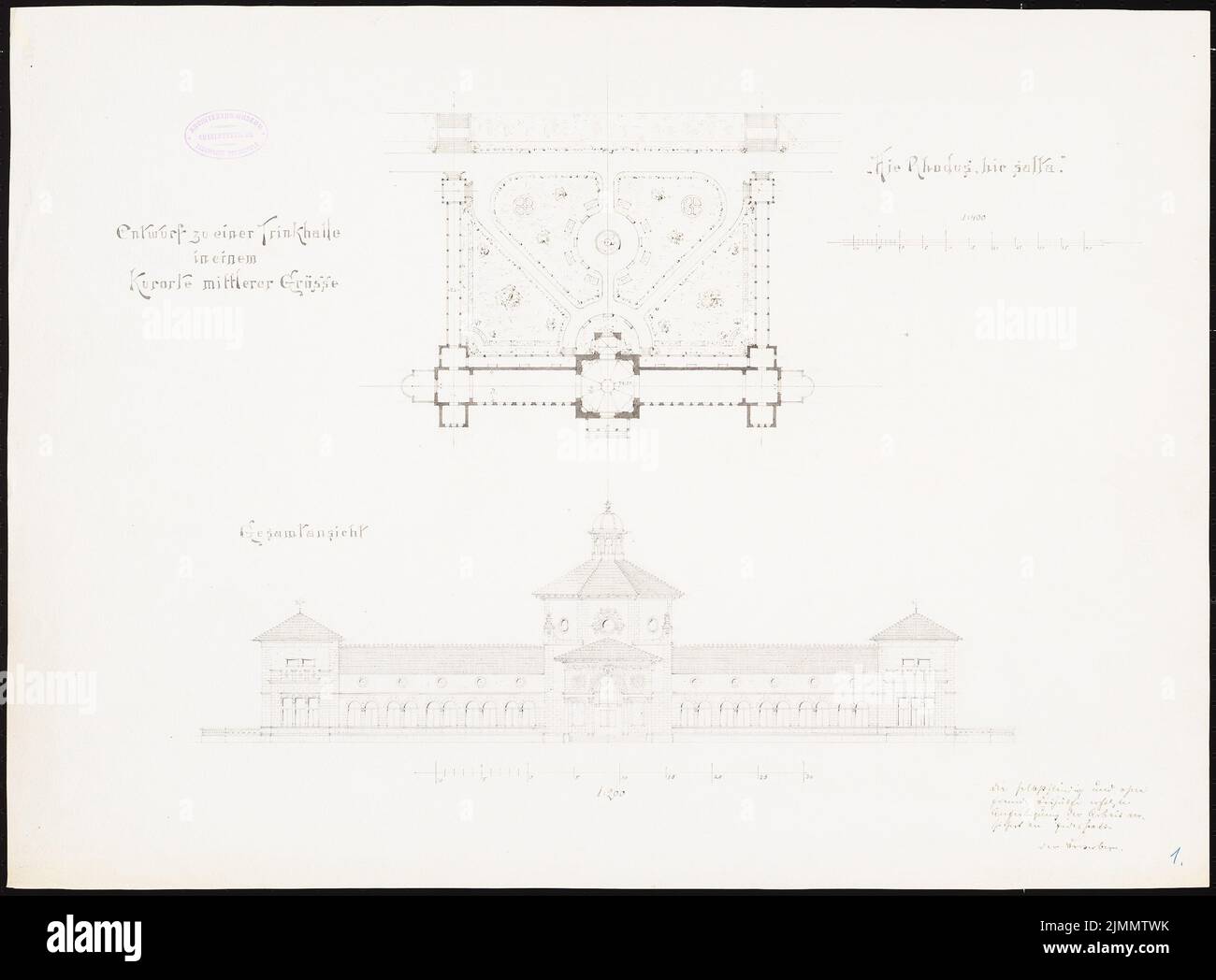 Dammeier Conrad (né en 1875), salle à boire dans un centre de santé de taille moyenne (1896): Plan du site 1: 400, vue d'ensemble 1: 200. Crayon et encre sur carton, 48,2 x 65,4 cm (y compris les bords de numérisation) Banque D'Images