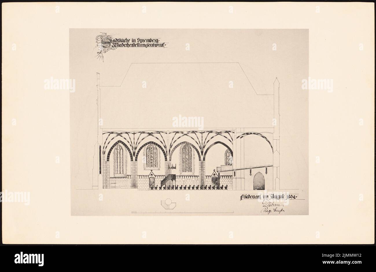 DIMM Ludwig (1849-1928), Stadtkirche Spremberg. Restauration (1892) : section longitudinale avec vue intérieure. Impression claire sur la boîte, 24,8 x 37,9 cm (y compris les bords de numérisation) Banque D'Images