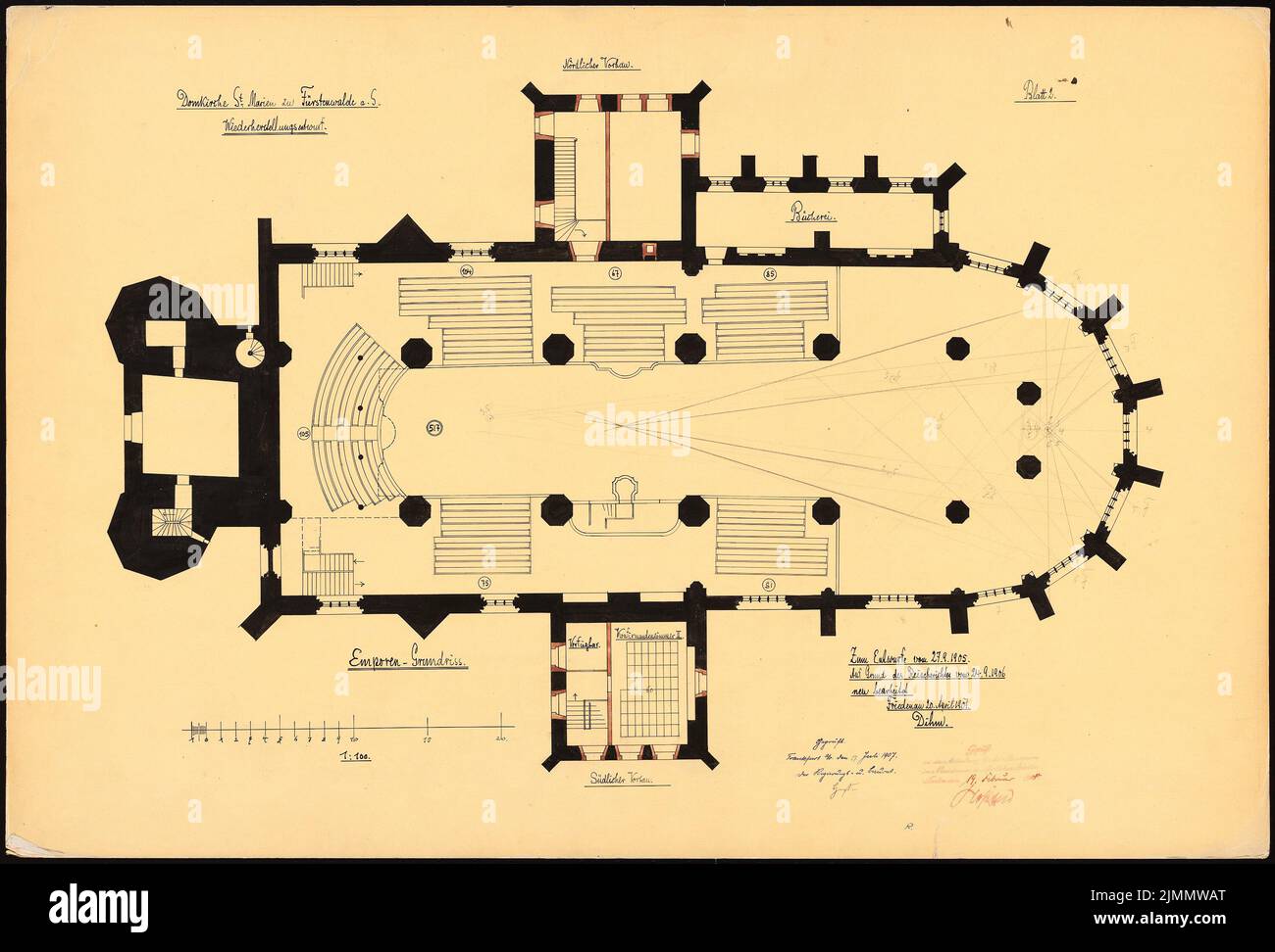 DIMM Ludwig (1849-1928), cathédrale de Saint-Marien, Fürstenwalde/Spree. Restauration. (04/20/1907): projet de restauration 2nd, plan de la galerie 1: 100. Tusche, crayon aquarelle sur transparent, 58,4 x 86,1 cm (y compris les bords du balayage) Banque D'Images