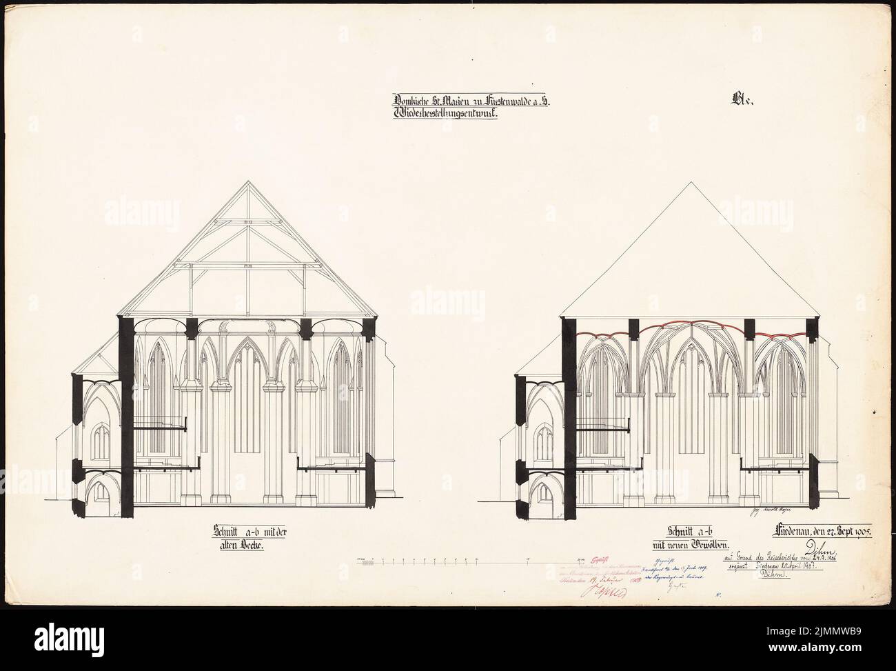 DIMM Ludwig (1849-1928), cathédrale de Saint-Marien, Fürstenwalde/Spree. Restauration. (04/20/1907): 1. Projet de restauration, 2 coupes avec couverture d'autel et nouvelle voûte. Aquarelle sur la boîte, 59 x 86,9 cm (y compris les bords de numérisation) Banque D'Images