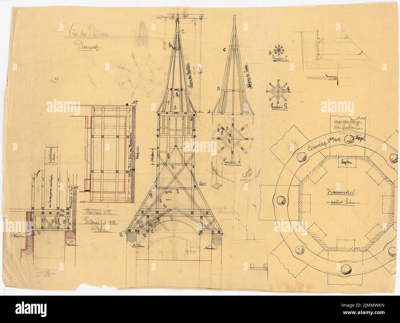 DIMM Ludwig (1849-1928), église, Demnitz/Mark. Conversion (05.06.1909): Chambre Tour: Détails de la structure en bois, plans de plancher et coupes 1: 1, 1:50 (avec changements dans les crayons par rapport à Inv.No 762). Encre, crayon, crayon de couleur sur transparent, 67,9 x 91,8 cm (y compris les bords de numérisation) Banque D'Images