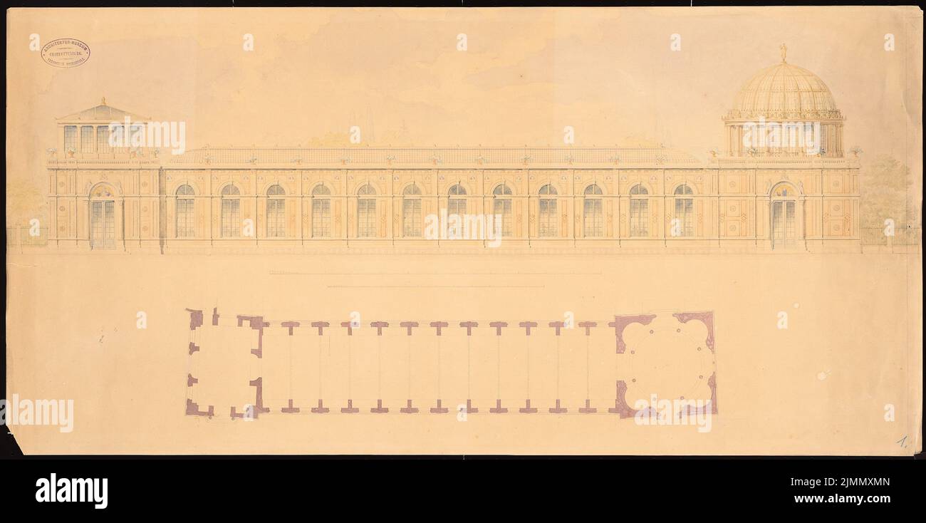 Hübsch Heinrich (1795-1863), orangerie de Karlsruhe (1853 (?)): Plan d'étage, vue. Tuche aquarelle sur papier, 42,3 x 85,2 cm (y compris les bords de numérisation) Banque D'Images