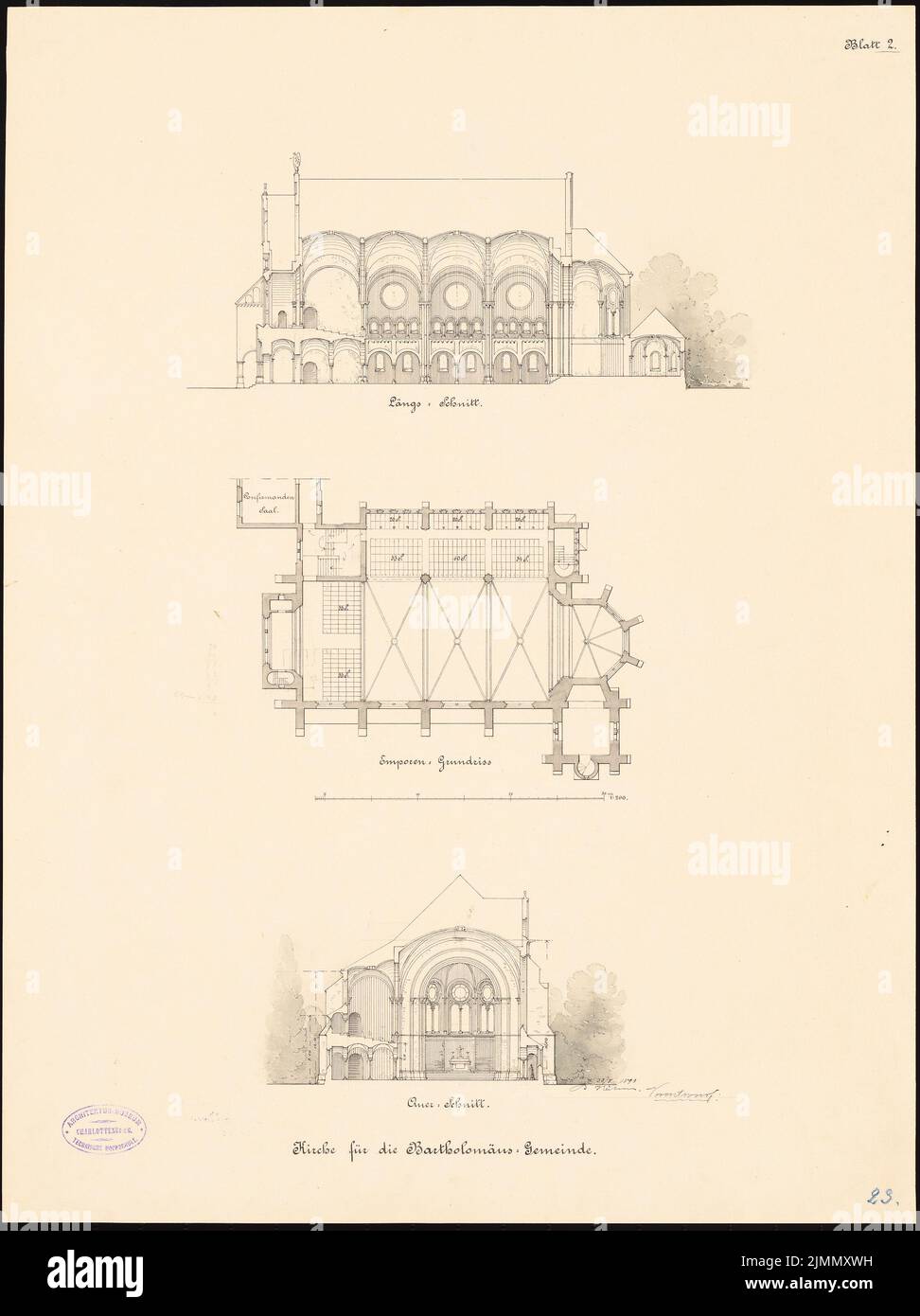 Kühn Bernhard (1838-1917), Bartholomäuskirche à Berlin (08/30/1890): Avant-projet, coupe longitudinale, galerie, coupe transversale 1: 200. Tuche aquarelle sur la boîte, 65,7 x 49,1 cm (y compris les bords de numérisation) Banque D'Images