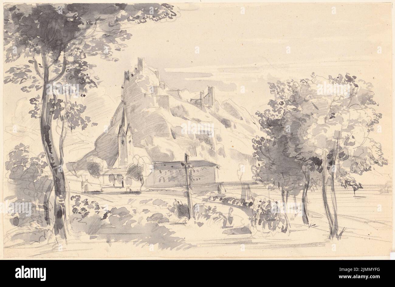 Lange Ludwig (1808-1868), construit dans un paysage rocheux (sans date): Vue en perspective. Crayon sur papier, 21,2 x 32,2 cm (y compris les bords de numérisation) Banque D'Images