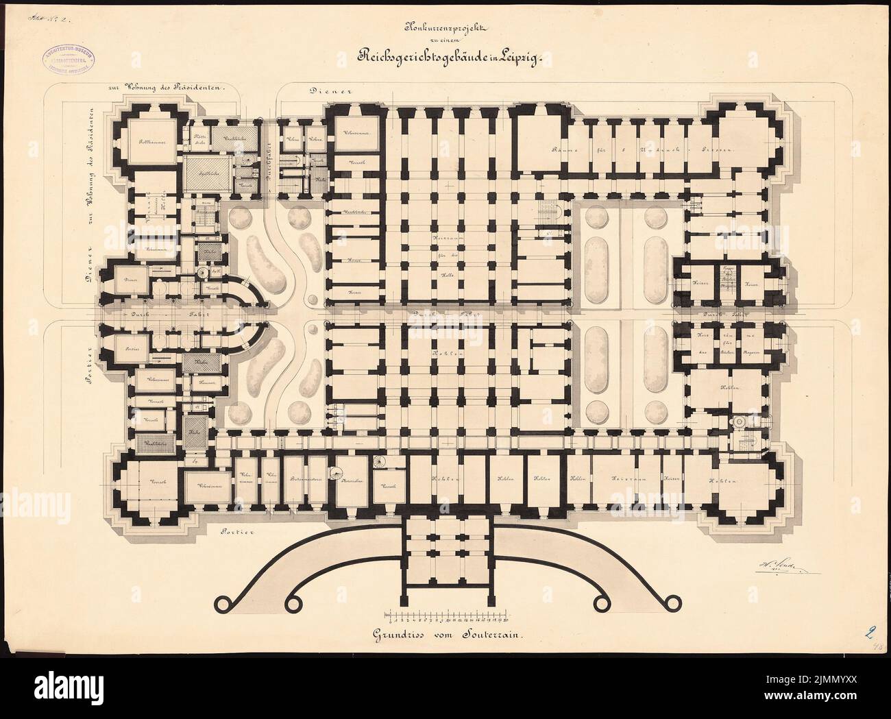 Prêteur Hermann, Reichsgericht à Leipzig (1884): Plan d'étage sous-sol. Tuche aquarelle sur la boîte, 56,9 x 77 cm (y compris les bords de numérisation) Banque D'Images