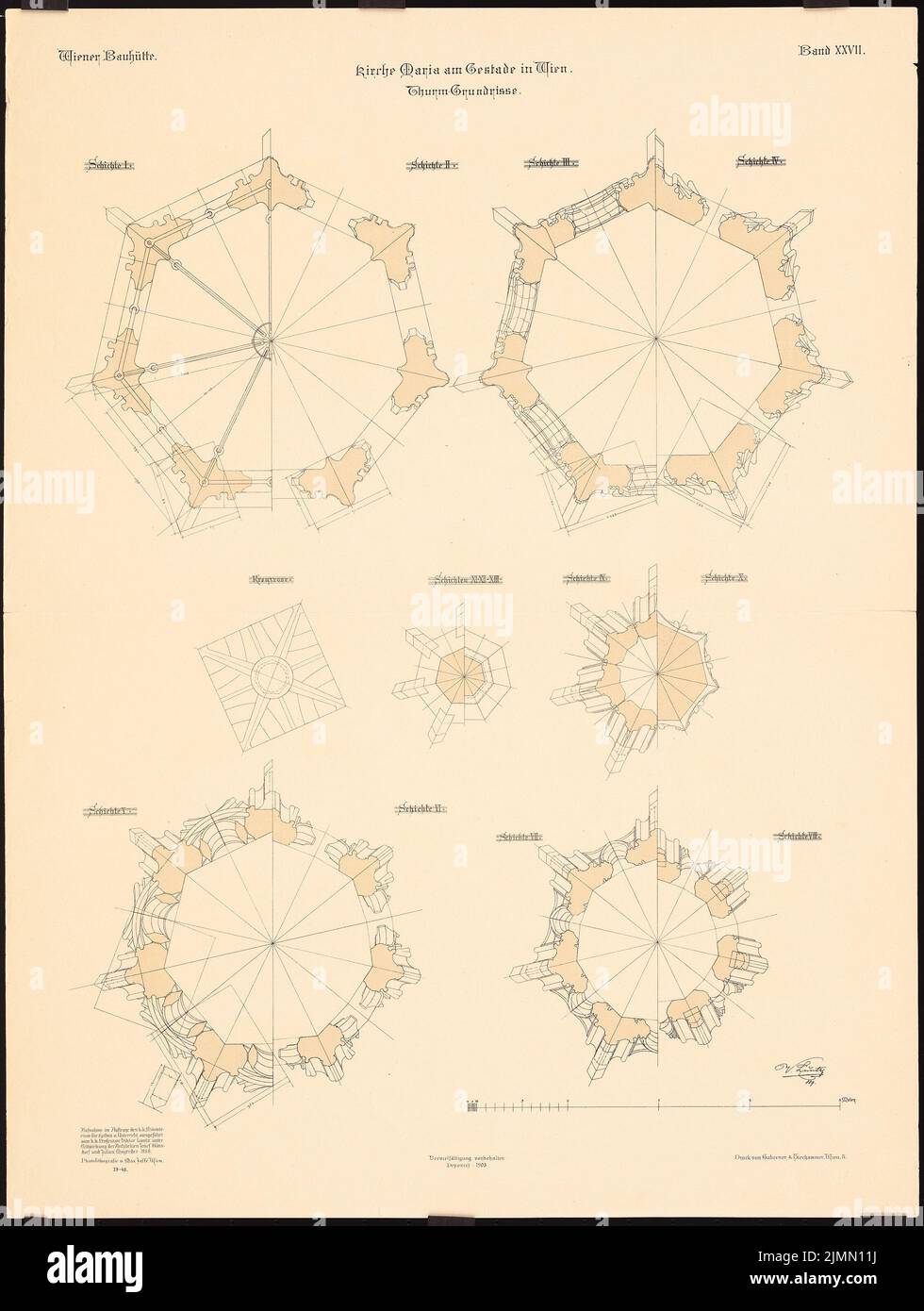 Luntz Victor (1840-1903), Maria Church am Gestade à Vienne (1888) : 7 sections de tour (couches horizontales). Impression couleur sur papier, 67,2 x 50,7 cm (y compris les bords de numérisation) Banque D'Images