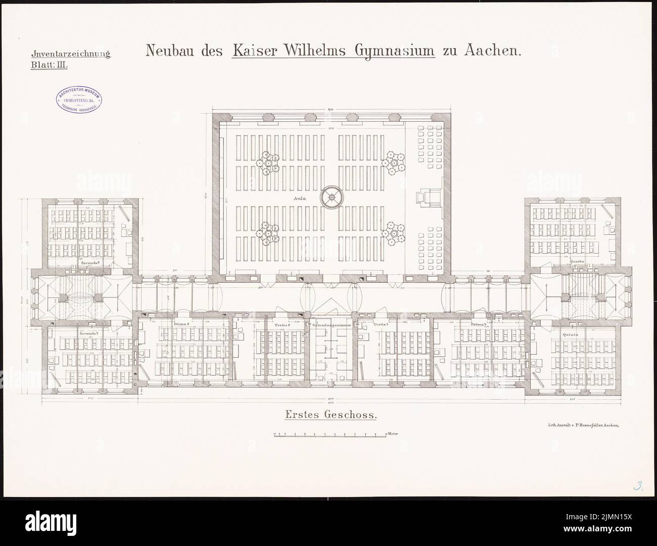 Architecte inconnu, Kaiser-Wilhelm-Gymnasium à Aix-la-Chapelle (env 1886/1887): Grundliss 1st étage 1: 100. Lithographie, 49,2 x 64,6 cm (y compris les bords de balayage) Banque D'Images