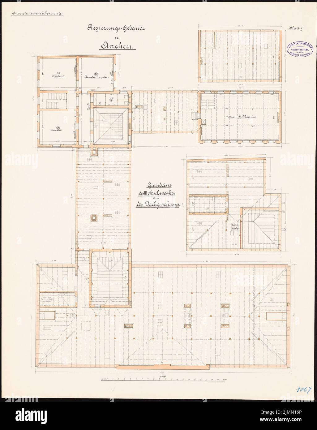 Architecte inconnu, bâtiment du gouvernement à Aix-la-Chapelle (env 1896): plan d'étage dernier étage 1: 100. Lithographie, 68,9 x 54,4 cm (y compris les bords de balayage) Banque D'Images