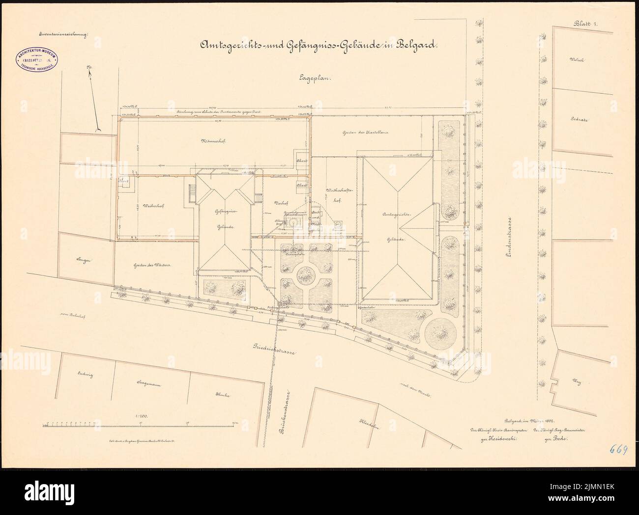 Architecte inconnu, cour de district et prison à Belgard (env 1893/1894): Département 1: 200. Lithographie, 50,5 x 68,4 cm (y compris les bords de balayage) Banque D'Images