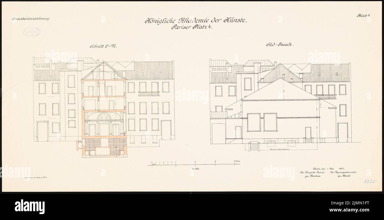 Ihne Ernst von (1848-1917), Académie des arts, Berlin. Conversion et nouveau bâtiment (1904-1907): Cut, vue S 1: 100. Lithographie, 49 x 97,1 cm (y compris les bords de balayage) Banque D'Images