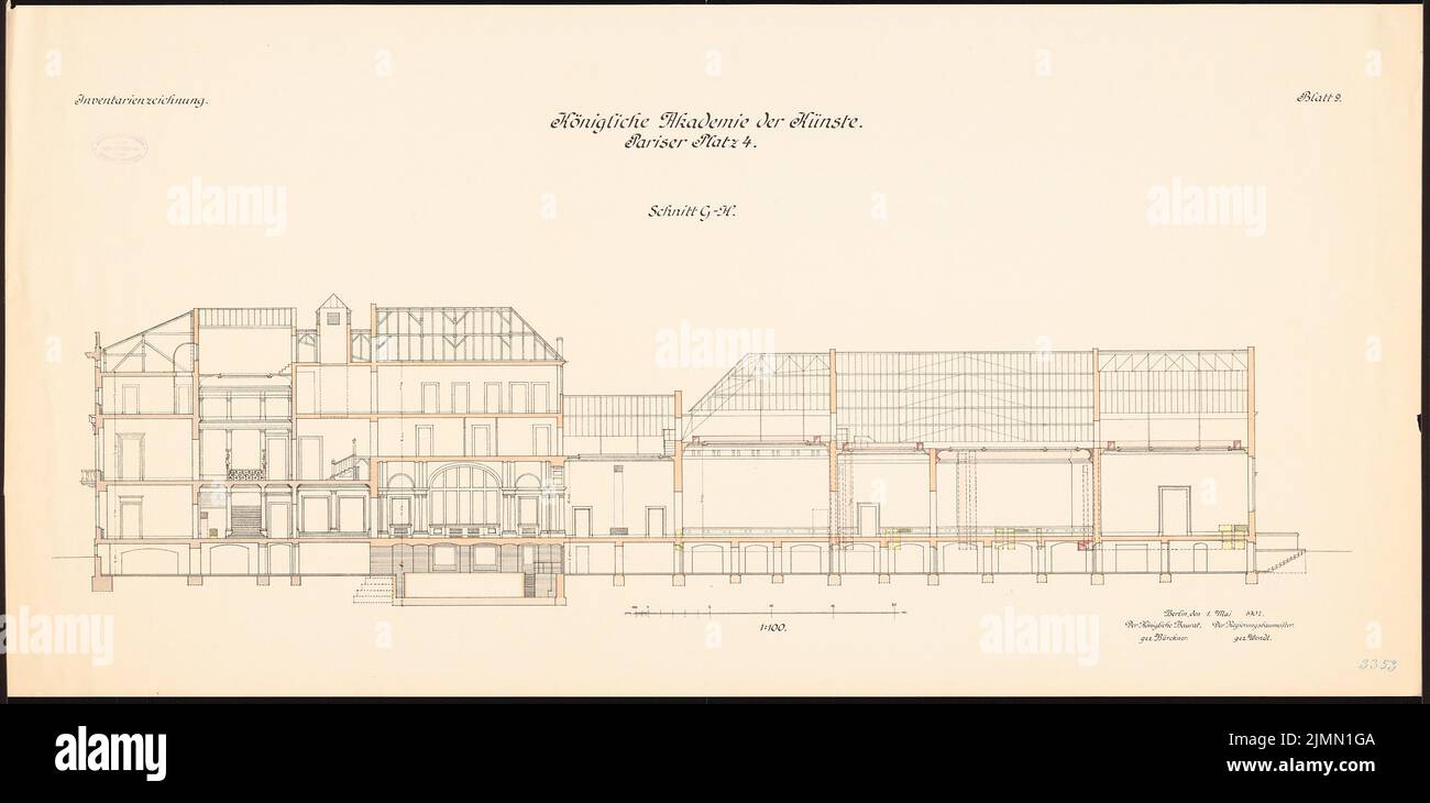 Ihne Ernst von (1848-1917), Académie des arts, Berlin. Conversion et nouveau bâtiment (1904-1907): Coupe 1: 100. Lithographie, 57 x 115,8 cm (y compris les bords de balayage) Banque D'Images