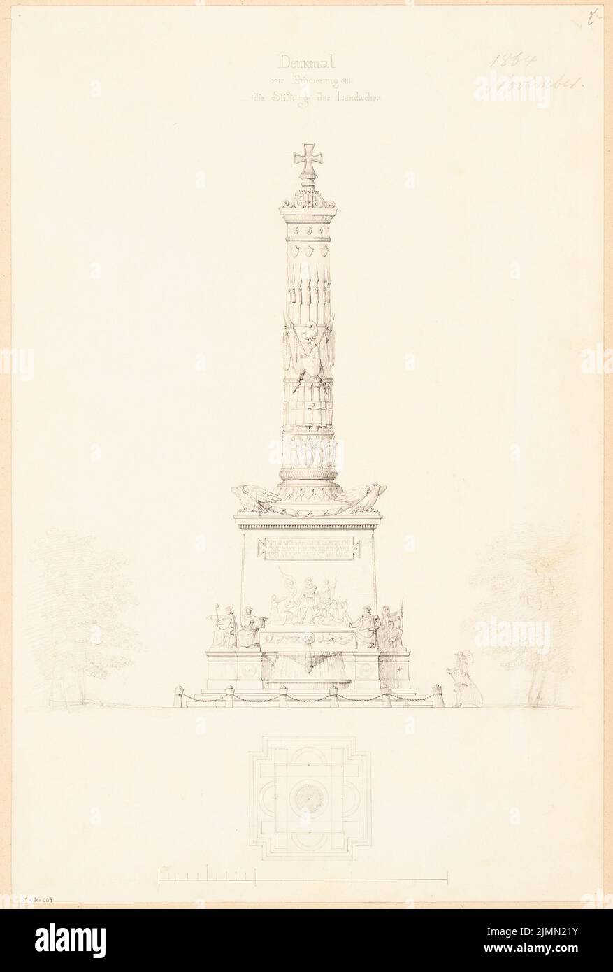 Architecte inconnu, monument à l'établissement de la Landwehr. Compétition mensuelle novembre 1864 (11,1864): Plan d'étage, torture; barre d'échelle. Crayon et encre sur papier, 49,4 x 33,3 cm (y compris les bords de numérisation) Banque D'Images