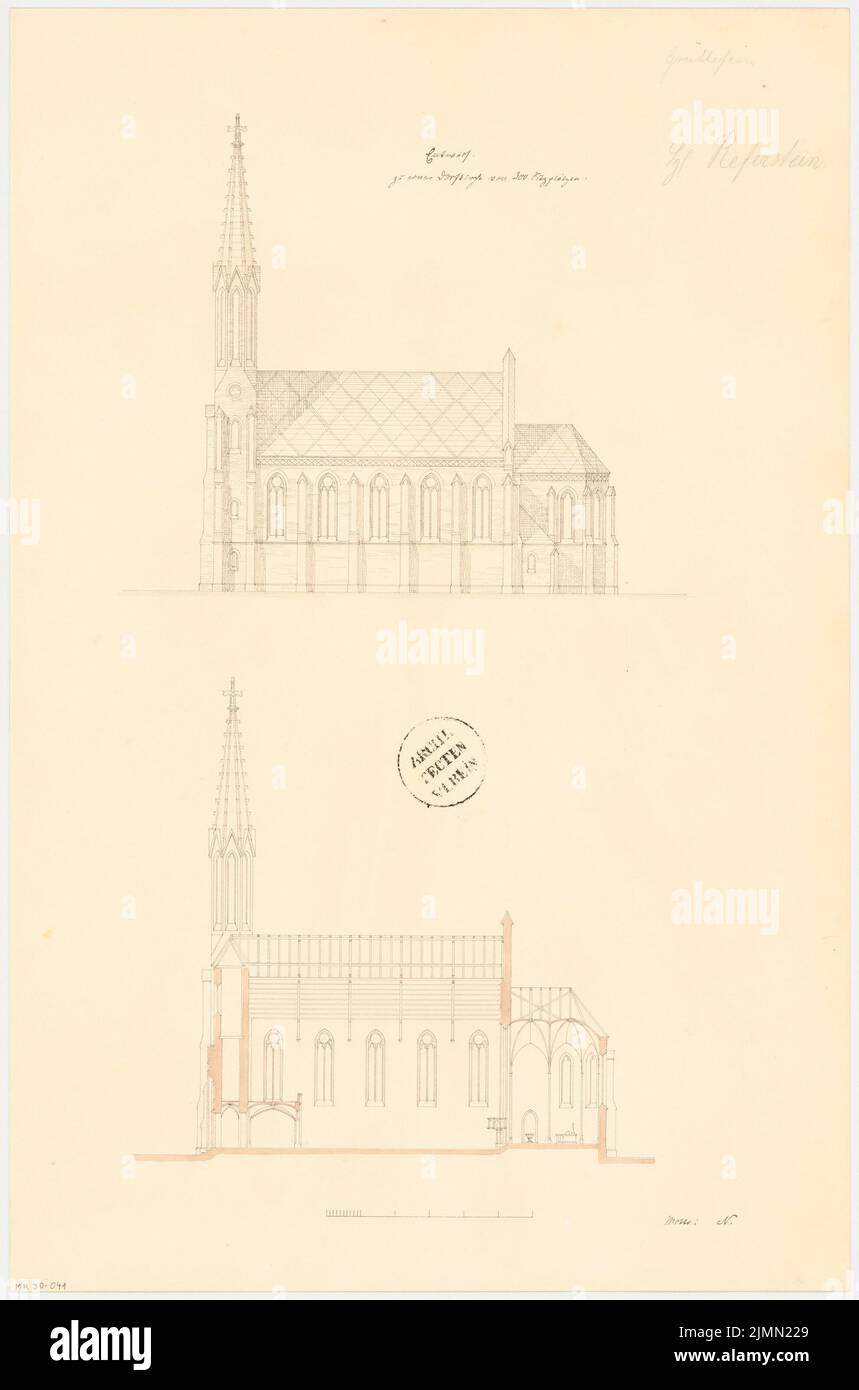 Referstein Hermann (né en 1837), église du village. Compétition mensuelle Mai 1863 (05,1863): Vue latérale supérieure, section longitudinale; barre d'échelle. Tuche aquarelle sur la boîte, 49 x 32,4 cm (y compris les bords de numérisation) Banque D'Images