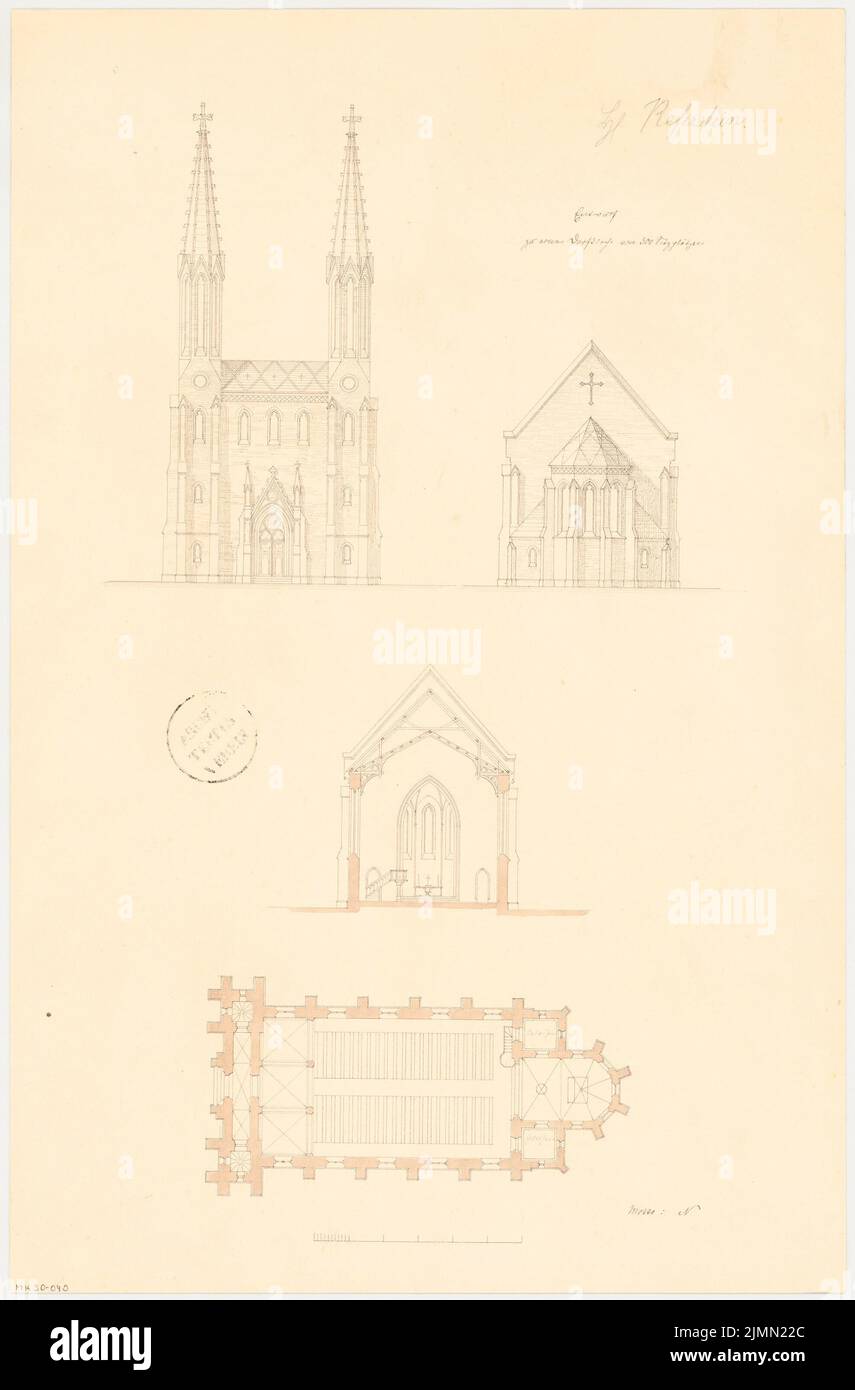 Referstein Hermann (né en 1837), église du village. Compétition mensuelle Mai 1863 (05,1863): Plan d'étage, vue d'entrée de torture, vue chorale, coupe transversale (autel de direction); barre d'échelle. Tuche aquarelle sur la boîte, 48,7 x 32,1 cm (y compris les bords de numérisation) Banque D'Images