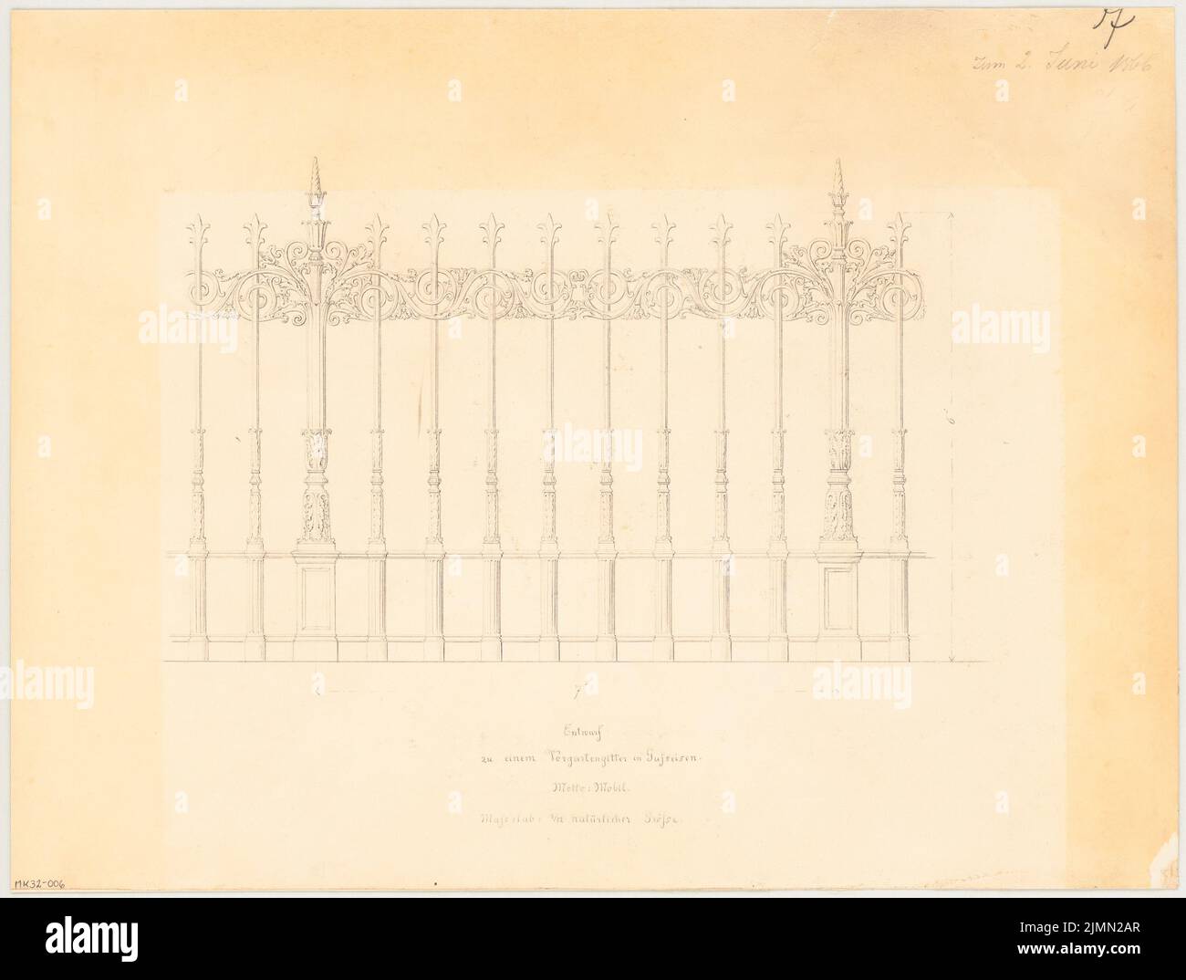 Architecte inconnu, calandre de jardin en fonte. Concours mensuel juin 1866 (06,1866): Voir 1:12. Crayon sur papier, 31,3 x 41,3 cm (y compris les bords de numérisation) Banque D'Images