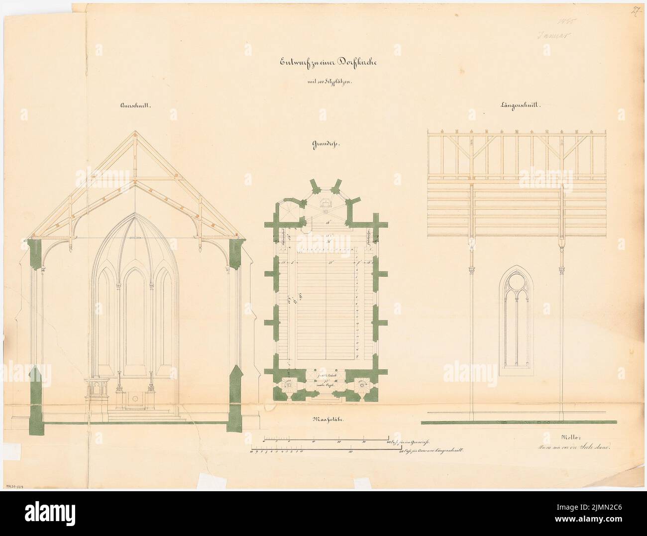 Architecte inconnu, église de village avec 300 sièges. Compétition mensuelle janvier 1865 (01,1865): Plan d'étage, section longitudinale (partielle), coupe transversale (autel de direction); 2 bandes d'échelle. Encre sur carton, 51,9 x 68,4 cm (y compris les bords de numérisation) Banque D'Images