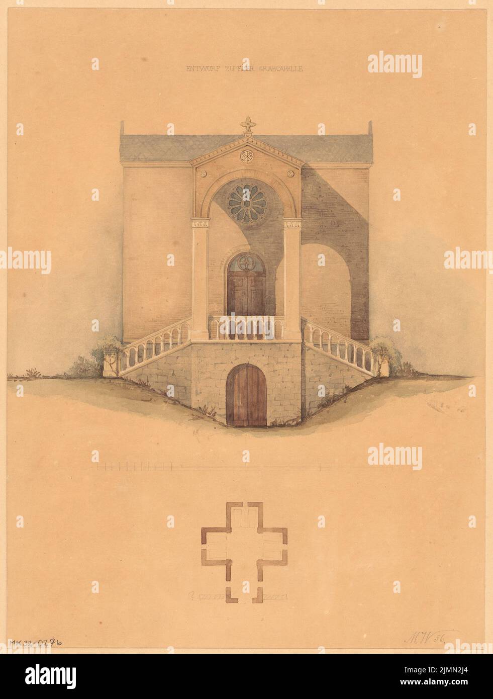 Architecte inconnu, chapelle de tombe. Compétition mensuelle avril 1867 (04,1867) : plan d'étage (croquis), vue avant déchirant ; barre d'échelle. Crayon aquarelle sur papier, 29 x 21,9 cm (y compris les bords de numérisation) Banque D'Images