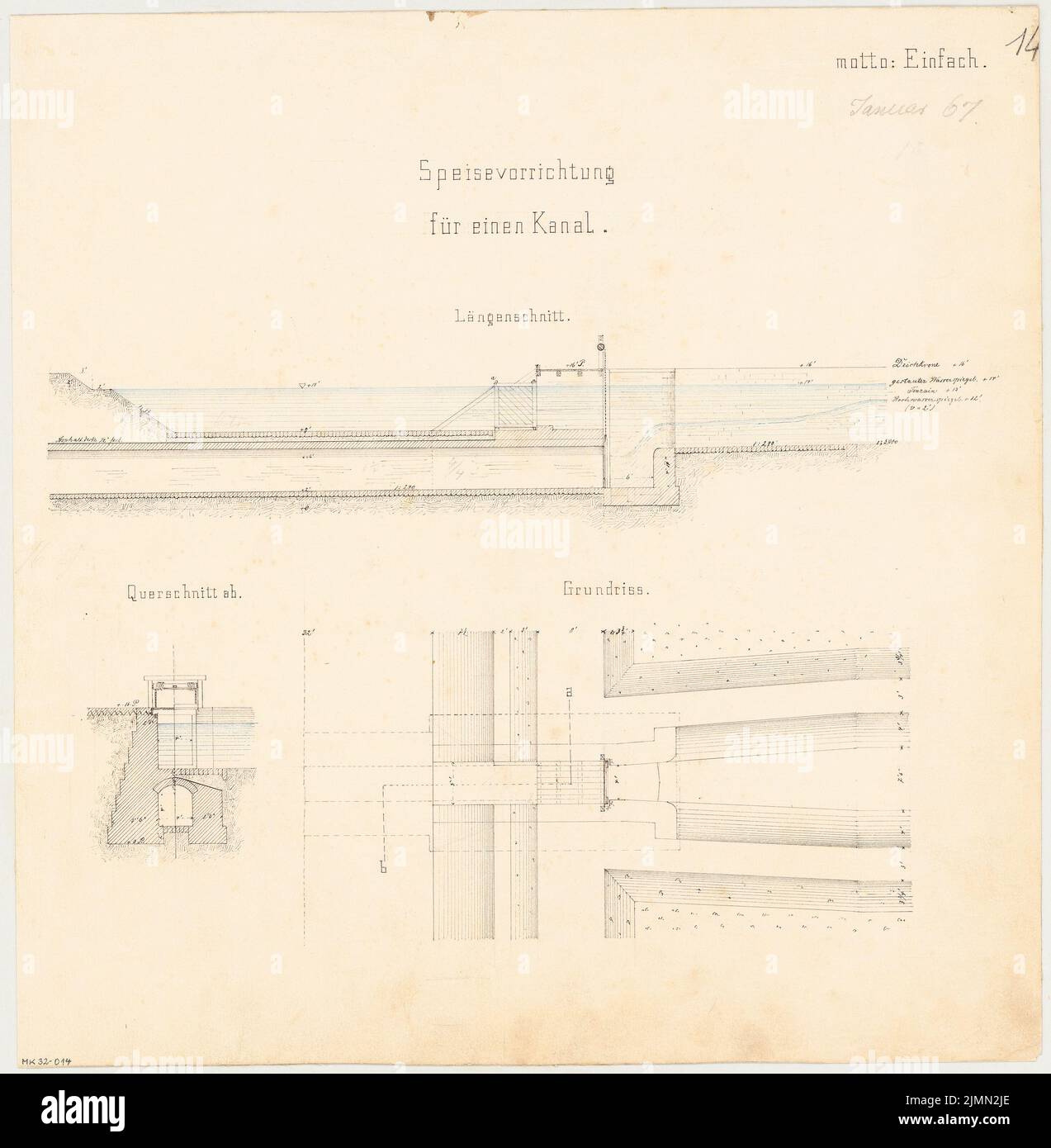 Architecte inconnu, passage inférieur d'un ruisseau sous un canal. Compétition mensuelle janvier 1867 (01,1867): Plan d'étage, coupe longitudinale, coupe transversale. Encre sur carton, 41,2 x 40,4 cm (y compris les bords de numérisation) Banque D'Images