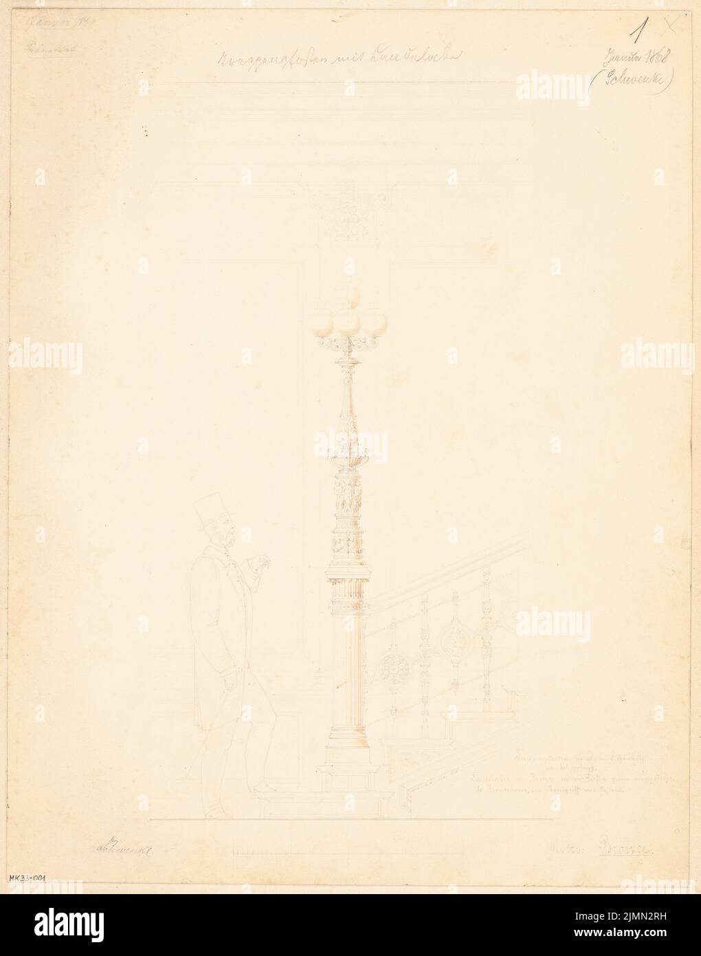 Schwenke Friedrich (né en 1840), poste d'escalier avec candelabre. Compétition mensuelle de janvier 1868 (01,1868) : vue latérale du RISS ; barre d'échelle. Aquarelle crayon sur la boîte, 46,1 x 36,2 cm (y compris les bords de numérisation) Banque D'Images