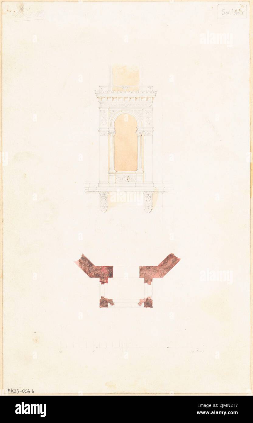 Rhenius Wilhelm, Erker. Compétition mensuelle Mars 1868 (03,1868): (3rd) variante dans plan d'étage et plan (vue de face); barre d'échelle. (Voir Mk 33-006a). Aquarelle crayon sur la boîte, 31,3 x 20,1 cm (y compris les bords de numérisation) Banque D'Images