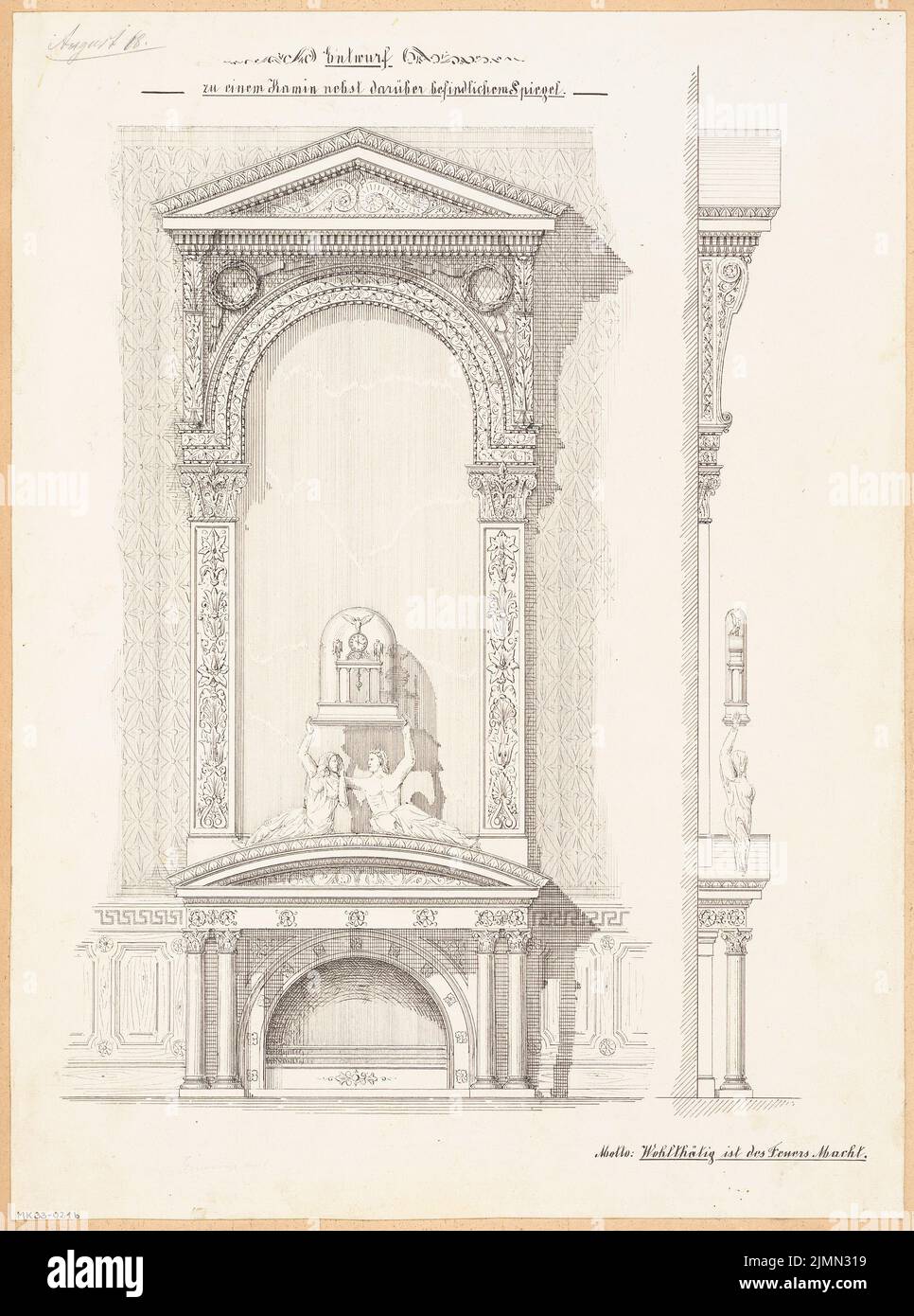 Architecte inconnu, cheminée en marbre. Compétition mensuelle août 1868 (08,1868) : vue de face supérieure, coupe verticale ; barre d'échelle. Encre sur carton, 47,6 x 35,4 cm (y compris les bords de numérisation) Banque D'Images