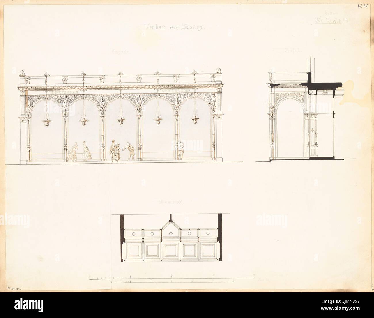 architecte inconnu, fenêtre de magasin (bazar). Compétition mensuelle novembre 1869 (11,1869): Plan d'étage, répartition de la vue sur la rue, coupe transversale; barre d'échelle. Aquarelle d'encre sur la boîte, complétée par un crayon, 45,9 x 58,8 cm (y compris les bords de numérisation) Banque D'Images