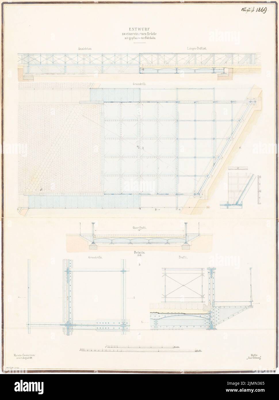 Architecte inconnu, pont de chemin de fer. Compétition mensuelle en août 1869 (08,1869) : plan d'étage, plan (vue latérale), section longitudinale, section transversale, détails; 2 bandes de graduation. Tuche aquarelle sur papier, 65,6 x 49 cm (y compris les bords de numérisation) Banque D'Images