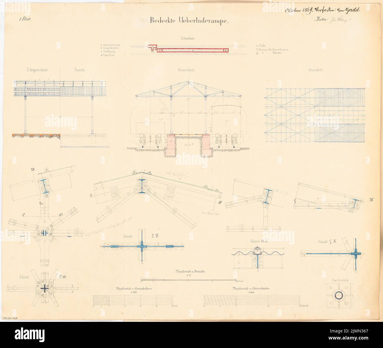 Gerold Adolf (1840-1879), rampe de chargement couverte. Compétition mensuelle octobre 1869 (10,1869) : plan d'étage, vue latérale, section longitudinale, section transversale, détails; 3 bandes de graduation. Tuche aquarelle sur la boîte, 52,7 x 62,6 cm (y compris les bords de numérisation) Banque D'Images