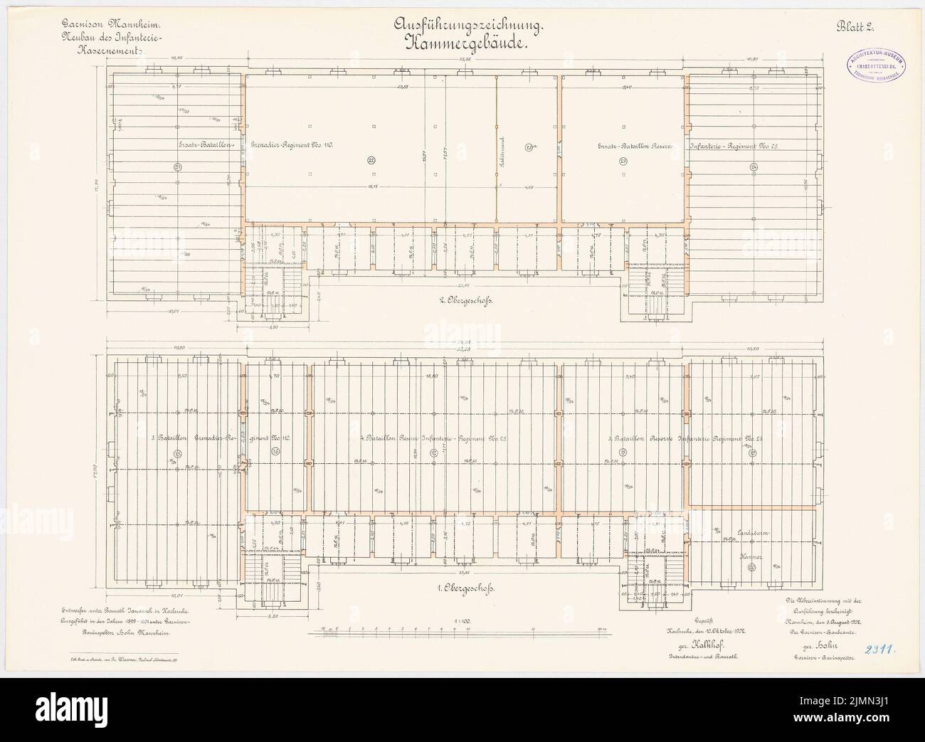 Jannasch, garnison de la barrière d'infanterie de Mannheim. Bâtiment de chambre (1899-1901): Plan d'étage 1: Étage supérieur 1: 100. Lithographie, 51,9 x 70,7 cm (y compris les bords de balayage) Banque D'Images