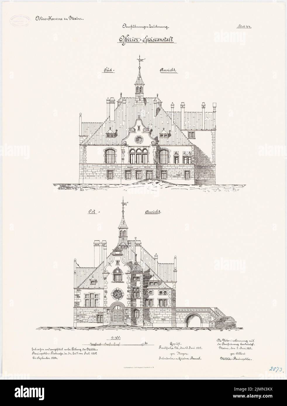 Tischmeyer, casino des officiers de la caserne Alice à Mayence (1902-1904): Vue du Sud supérieur, vue de l'est 1: 100. Lithographie, 81 x 61,2 cm (y compris les bords de balayage) Banque D'Images