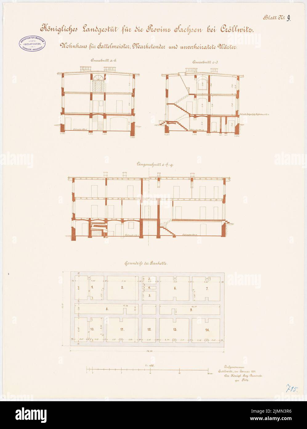 Architecte inconnu, goujon de terre royal pour la province de Saxe, Kröllwitz. Bâtiment résidentiel pour maître de selle, marketing et garde non mariée (env 1890): coupe transversale, coupe longitudinale, plan de plancher, 1: 100. Lithographie, 68,1 x 52,3 cm (y compris les bords de balayage) Banque D'Images