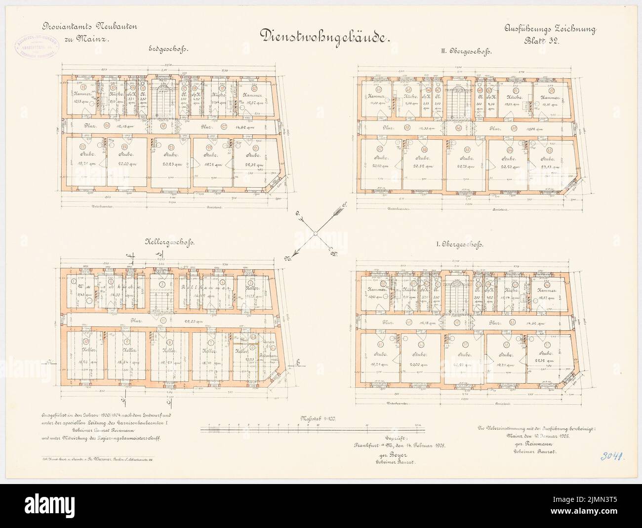 Reinmann, réserve à Mayence. Immeuble Business Living (1900-1904): Plan d'étage sous-sol, rez-de-chaussée, 1st et 2nd étages 1: 100. Lithographie, 49 x 65 cm (y compris les bords de balayage) Banque D'Images