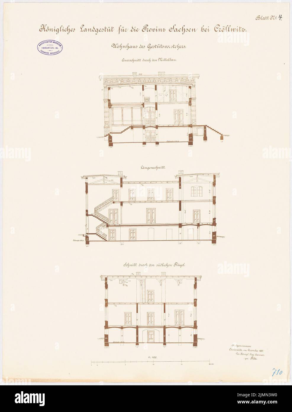 Architecte inconnu, goujon de terre royal pour la province de Saxe, Kröllwitz. Bâtiment résidentiel du guide-goujon (env 1890): coupes transversales, longueur de coupe, 1: 100. Lithographie, 68,3 x 51,9 cm (y compris les bords de balayage) Banque D'Images