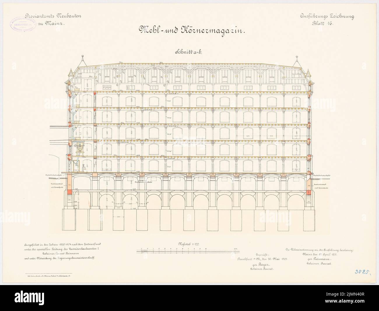 Reinmann, réserve à Mayence. Magazine farine et grain (1900-1904): Section longitudinale 1: 100. Lithographie, 48,8 x 65 cm (y compris les bords de balayage) Banque D'Images