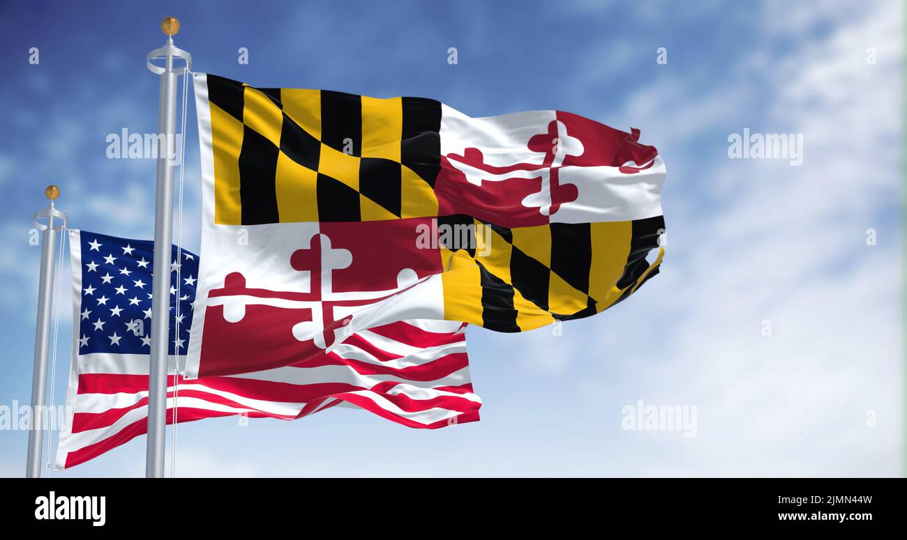 Le drapeau de l'État du Maryland agité avec le drapeau national des États-Unis d'Amérique Banque D'Images