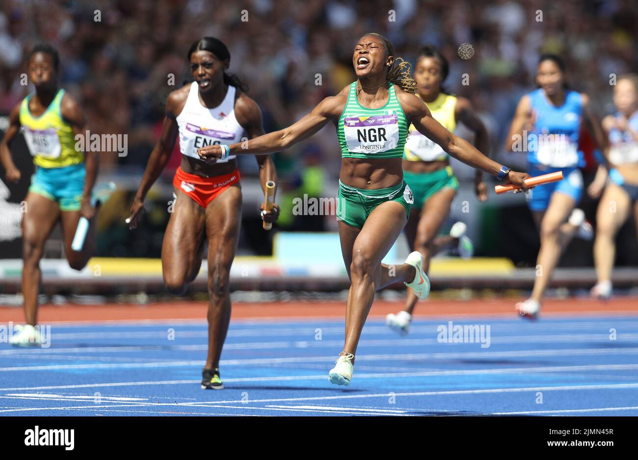 Birmingham, Royaume-Uni. 7th août 2022. Grace Nzubechi Nwokocha du Nigeria traverse la ligne dans la jambe d'ancrage pour gagner la médaille d'or du relais de femmes 4x100m au cours du jour 10 des Jeux du Commonwealth au stade Alexander, Birmingham. Crédit photo devrait se lire: Paul Terry crédit: Paul Terry photo/Alamy Live News Banque D'Images