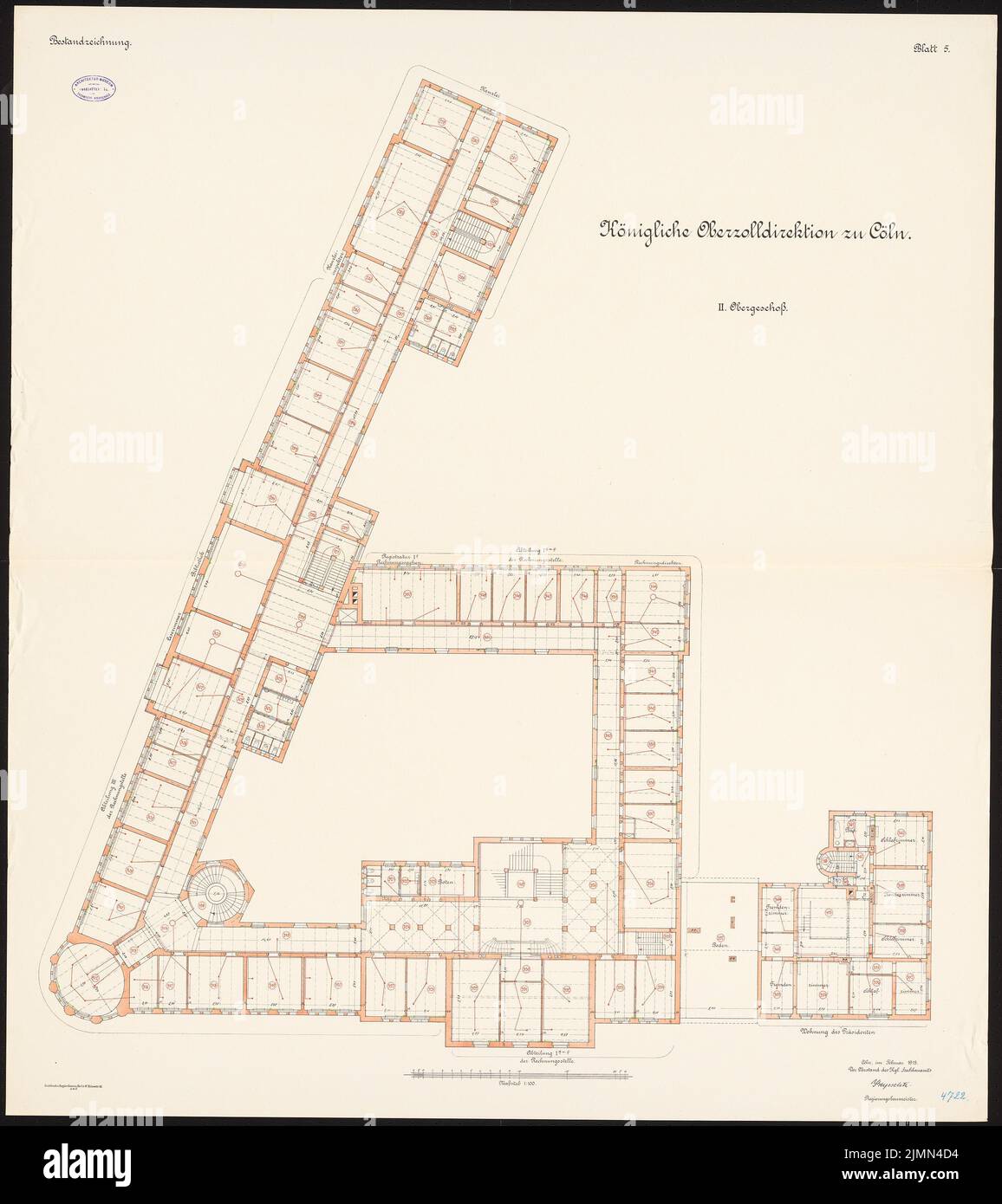 Architecte inconnu, directeur des douanes à Cologne (env 1913): plan d'étage 2nd étage 1: 100. Lithographie, 116,1 x 103,3 cm (y compris les bords de balayage) Banque D'Images