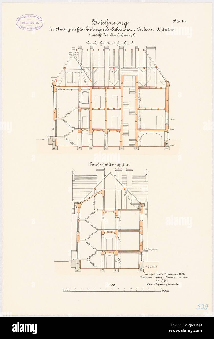 Architecte inconnu, prison locale de Liebau (1891): Section longitudinale, section transversale 1: 100. Lithographie, 51,8 x 34,9 cm (y compris les bords de balayage) Banque D'Images