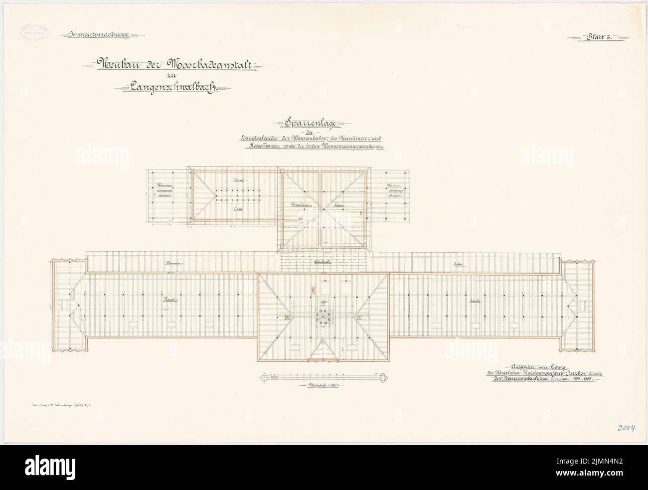 Böttcher, Moorbadanstalt à Langenschwalbach. Bâtiment principal, machine et chaudière, canalisation (1903-1905): Plan d'étage chevrons 1: 100. Lithographie, 69,3 x 100,8 cm (y compris les bords de balayage) Banque D'Images