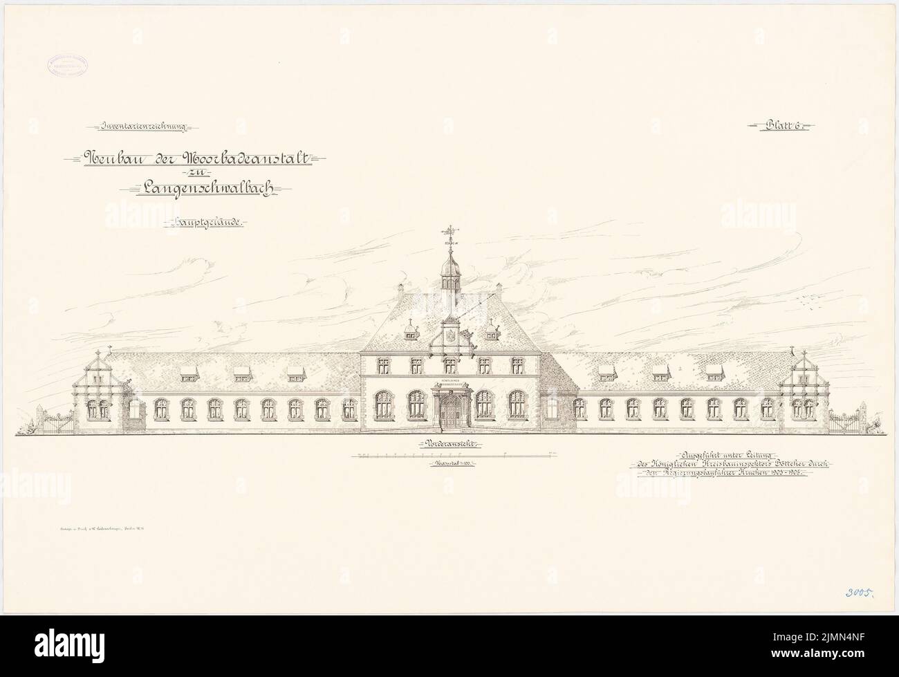 Böttcher, Moorbadanstalt à Langenschwalbach. Bâtiment principal, machine et chaudière, canalisation (1903-1905): RISS vue de face 1: 100. Lithographie, 68,5 x 100,1 cm (y compris les bords de balayage) Banque D'Images