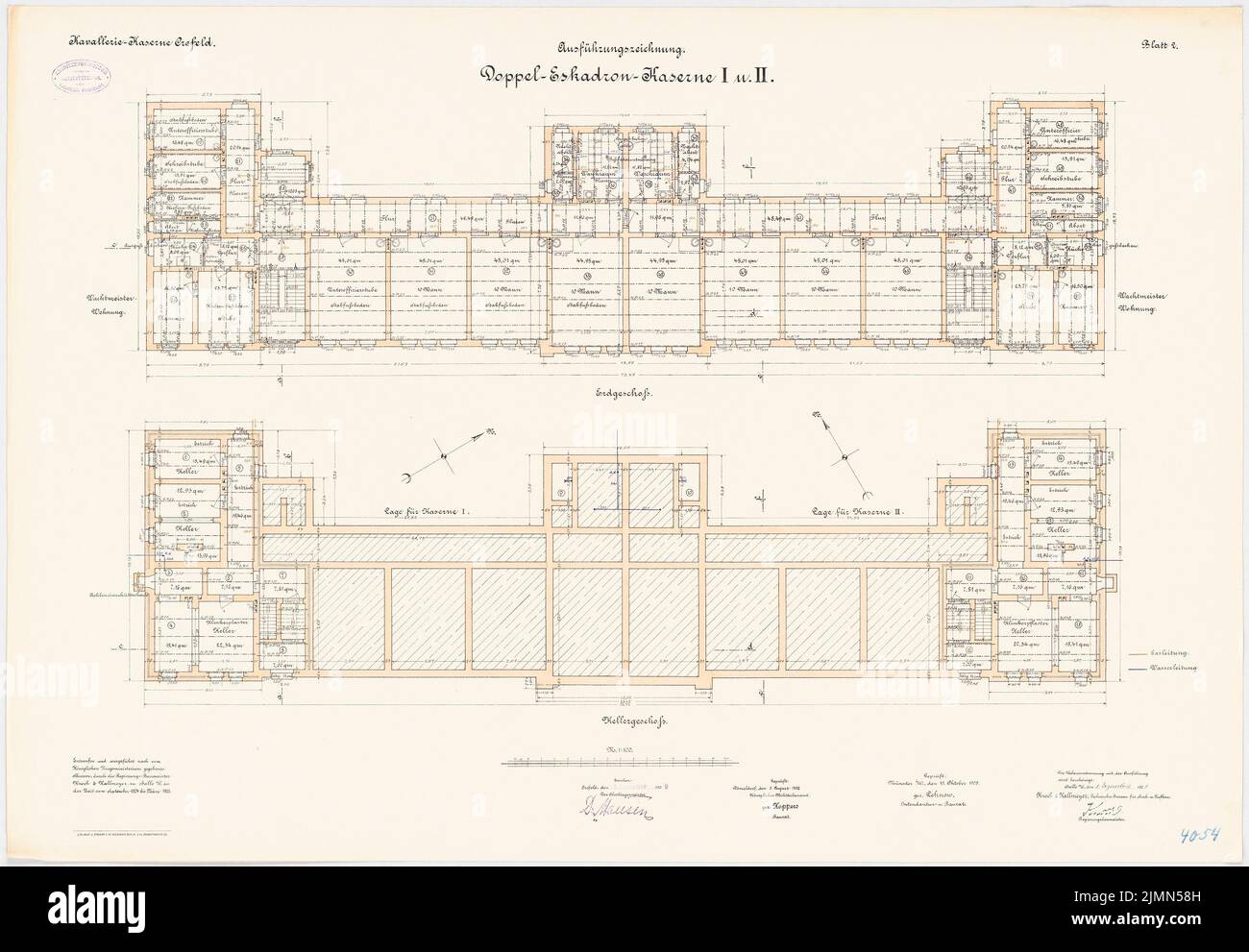 Knoch & Kallmeyer, casernes de cavalerie, Krefeld. Doubles casernes ESKADRON I et II (1904-1906): Grundriss KG, EG, 1: 100. Lithographie, 65,8 x 94,8 cm (y compris les bords de balayage) Banque D'Images