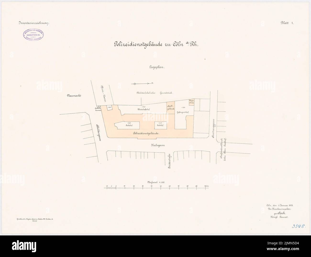 Architecte inconnu, bâtiment des services de police, Cologne (env 1908): plan du site 1: 500. Lithographie, 51,8 x 68,5 cm (y compris les bords de balayage) Banque D'Images