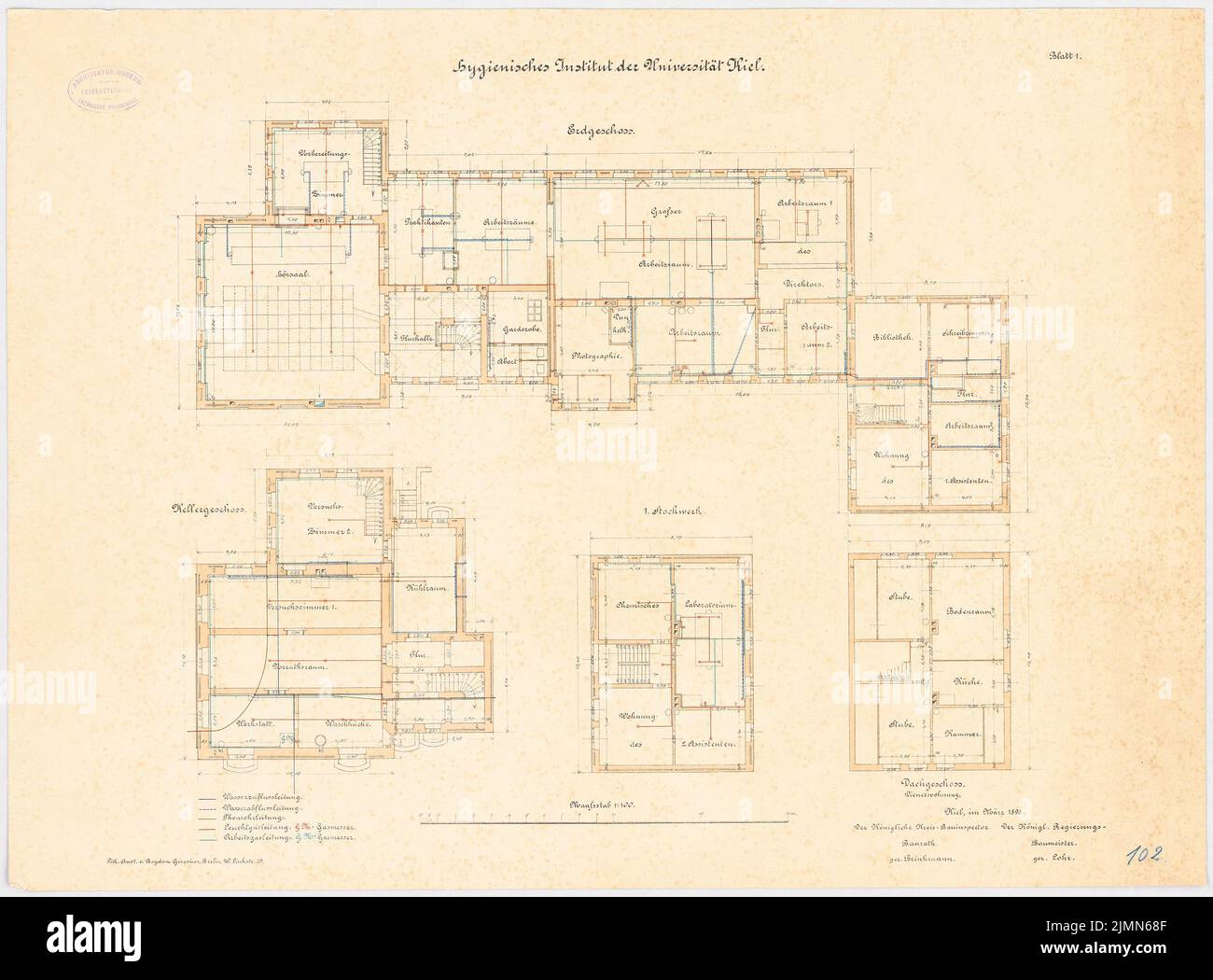 Architecte inconnu, institut d'hygiène de l'Université Christian Albrechts Kiel (env 1898): Grundriss KG, EG, 1st plancher, DG 1: 100. Lithographie, 51,1 x 69,1 cm (y compris les bords de balayage) Banque D'Images