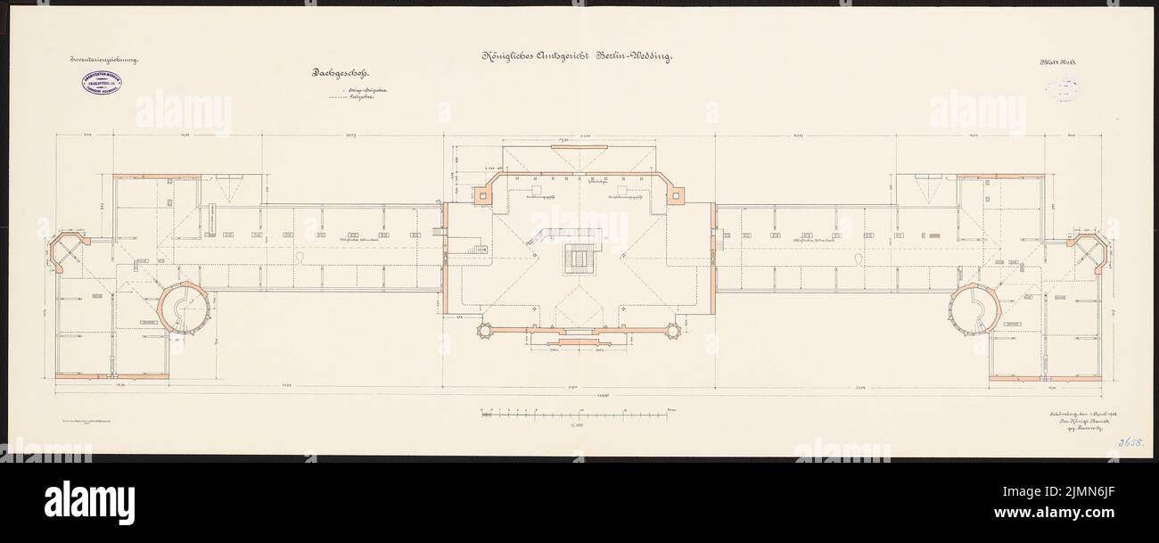 Thoemer & Mönnich, District court Berlin-Wedding (1901-1906): Plan d'étage dernier étage 1: 100. Lithographie, 52,5 x 131,5 cm (y compris les bords de balayage) Banque D'Images